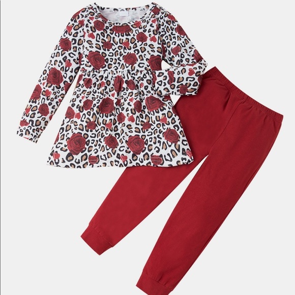 NWOT Girls Floral Dress and Pant Set. Size: 4-5T Color:Red - Picture 1 of 7